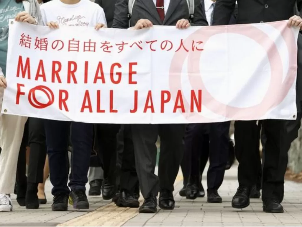 Tim Pendemo yang menuntut kesetaraan pernikahan sesama jenis. (Kyodo)