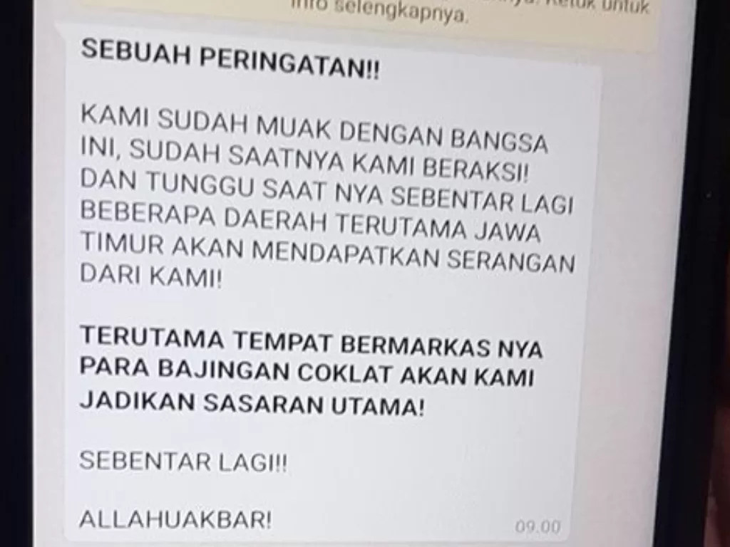 Pesan berantai berisi ancaman teror terhadap polisi beredar via Whatsapp (Istimewa)