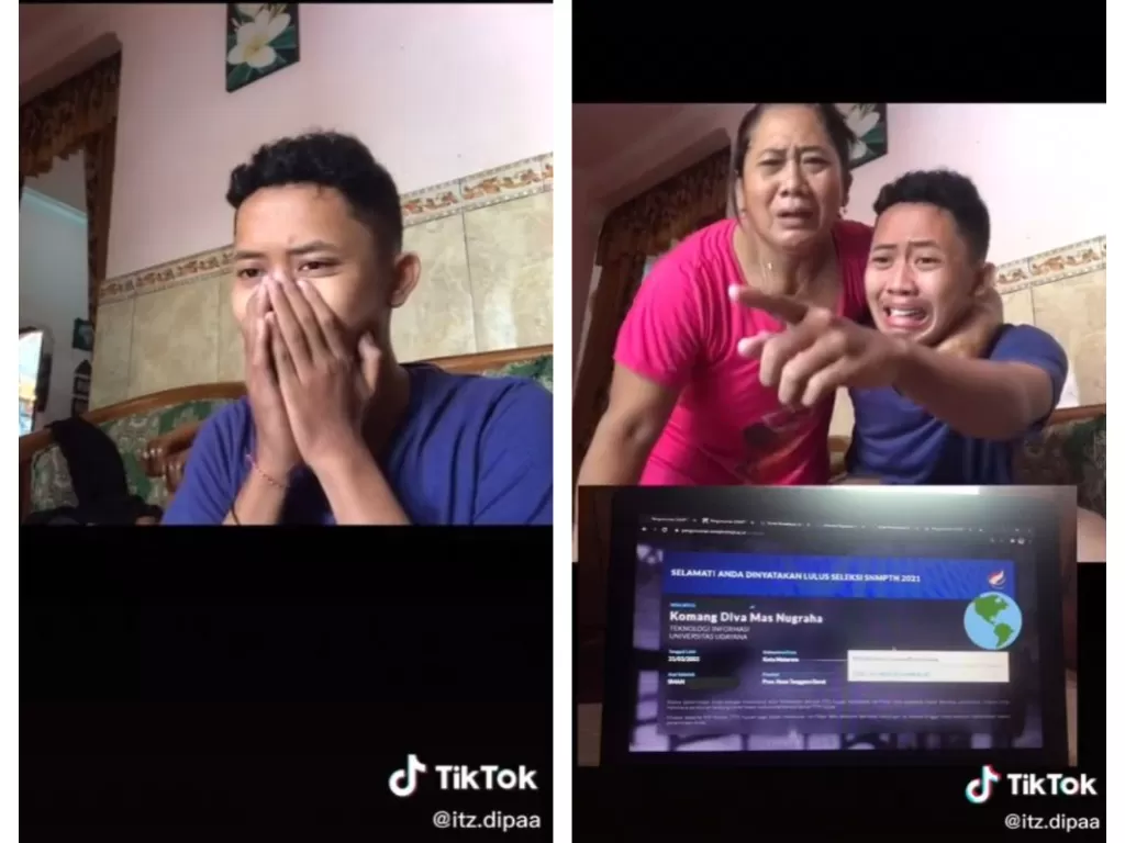 Viral momen haru seorang pria bareng ibunya hingga menangis setelah dinyatakan lulus SNMPTN 2021. (TikTok/@itz.dipaa)