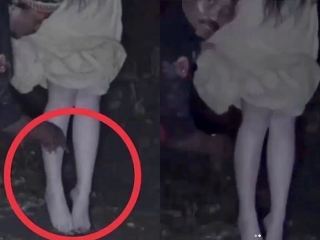 Tangkapan layar video pembuktian kaki kuntilanak tak menyentuh tanah. (INDOZONE/@lauovidgram_)