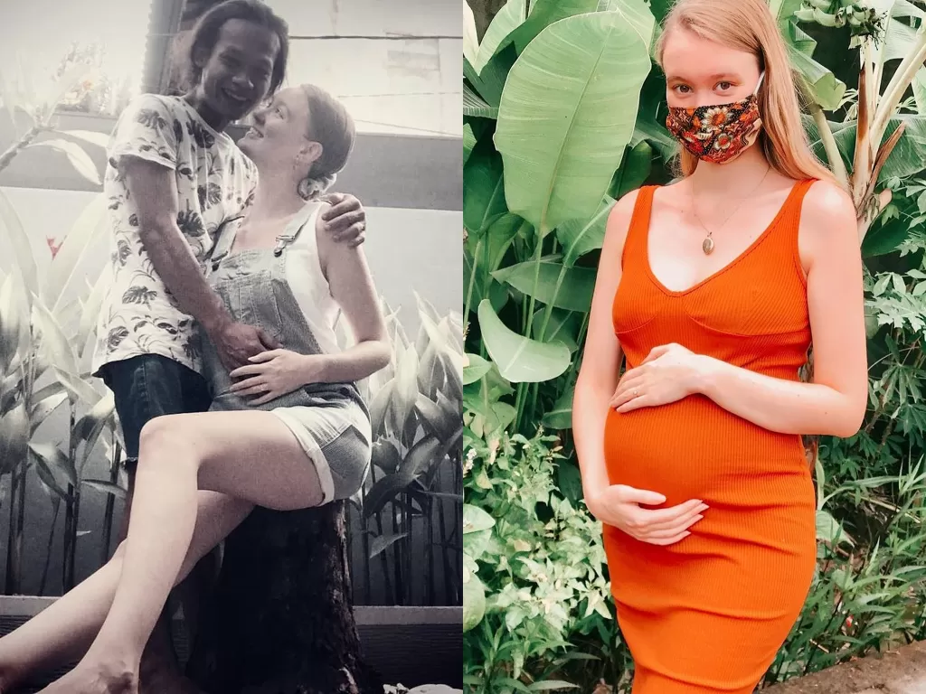 Pasangan bule dan Indonesia yang kini telah hamil 7 bulan. (Photo/Instagram/@pollyoddsocks)