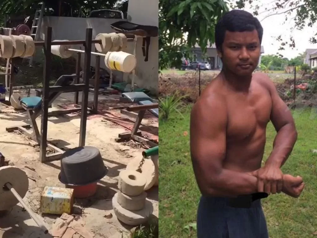 Seorang pria membuat gym sendiri dengan peralatan bekas. (Photo/TikTok/@ceobatu)
