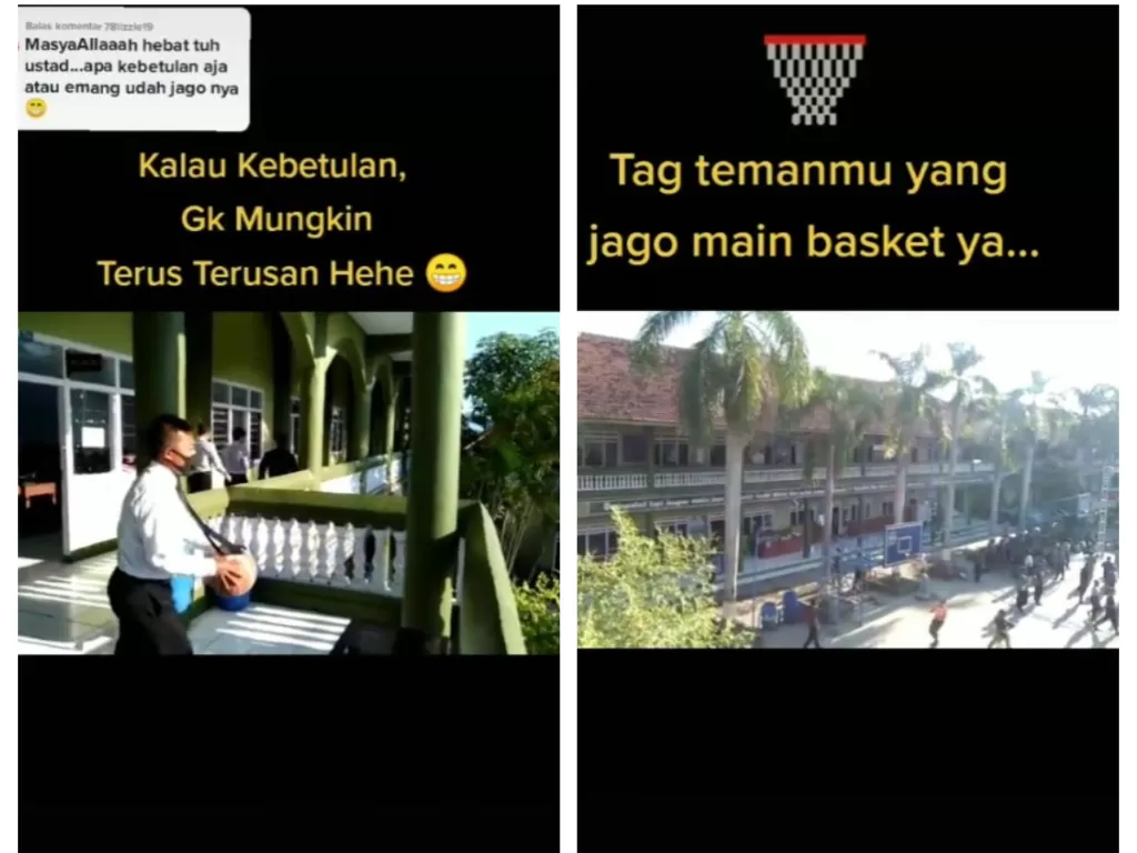 Viral guru pesantren masukkan bola basket dari balkon lantai 2. (TikTok/@santrimendunia)