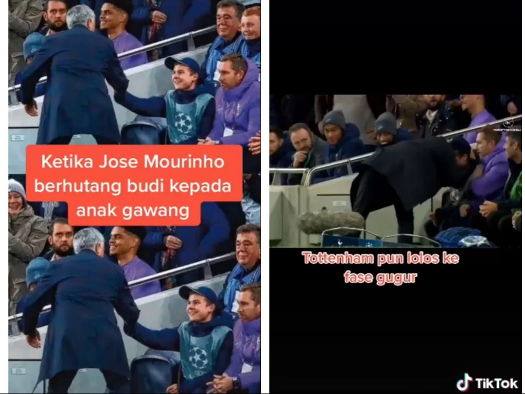 Viral momen saat pelatih Tottenham Hotspur Jose Mourinho berhutang budi ke anak gawang. (TikTok/@cetakgol)