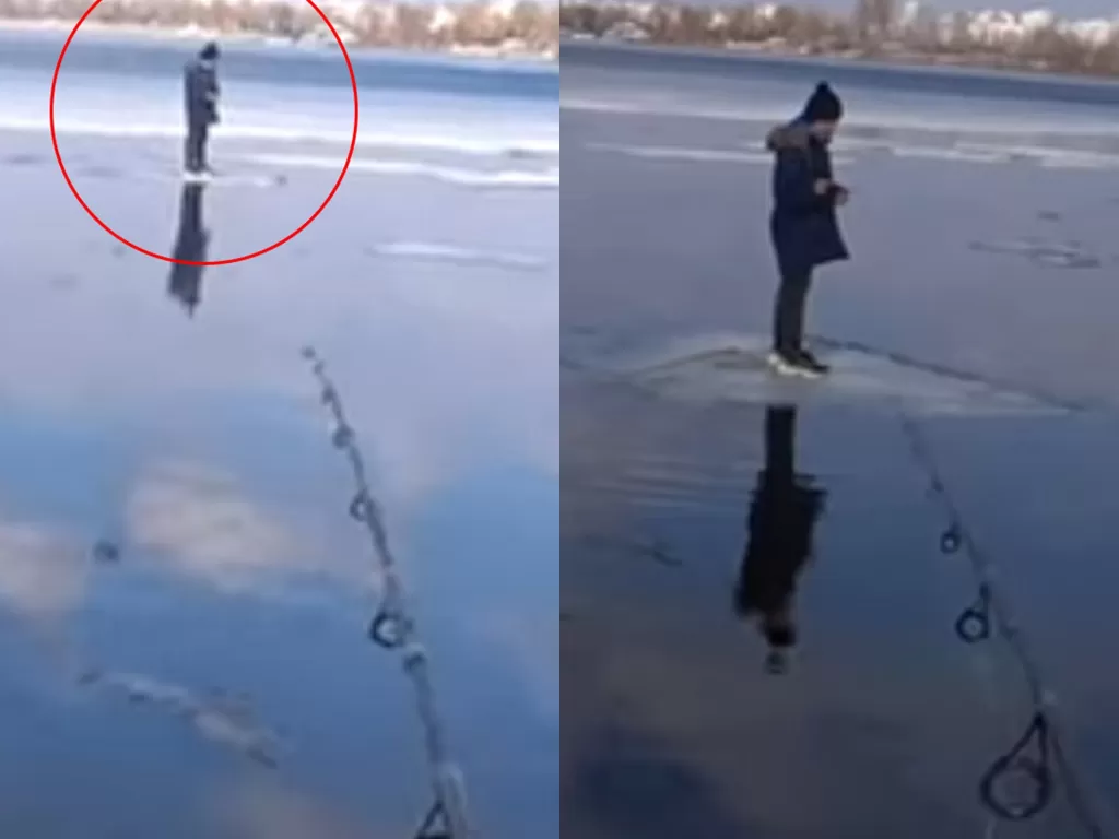 Seorang pria menyelamatkan bocah 11 tahun yang terjebak di es pakai pancing. (Photo/YouTube/Richi Fishing)