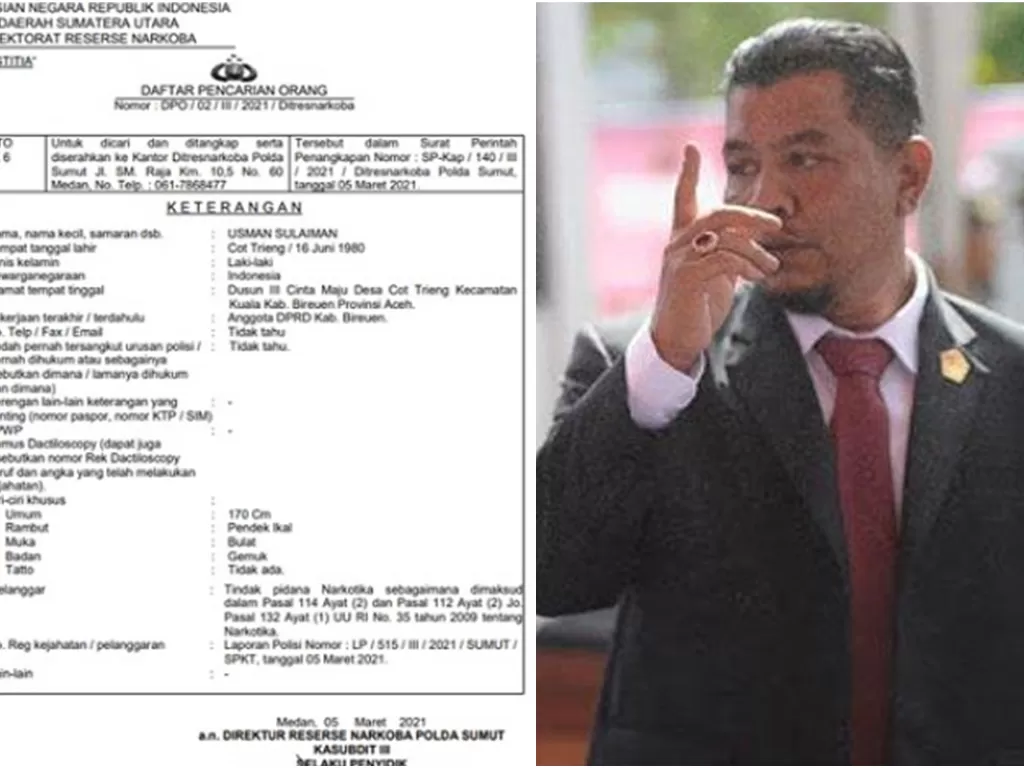 Anggota DPRD Kabupaten Bireun, Usman Sulaiman jadi buronan Polda Sumut karena diduga jadi gembong narkoba. (ist)