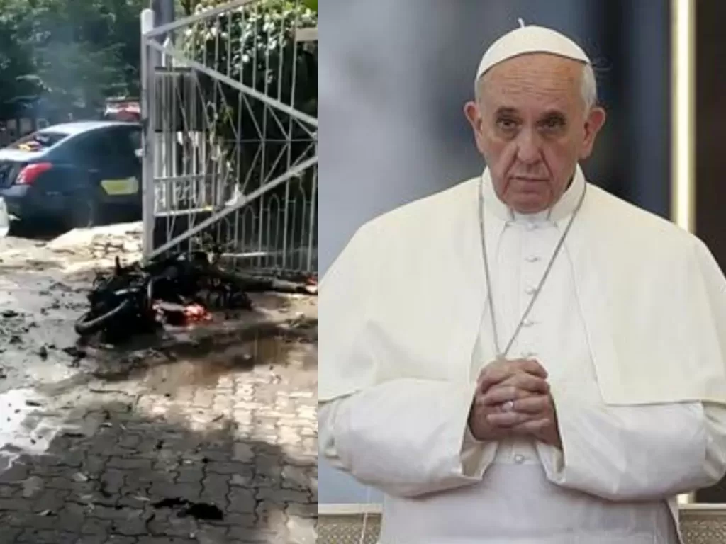 Kolase foto lokasi bom bunuh diri dan Paus Fransiskus (Twitter/Reuters)