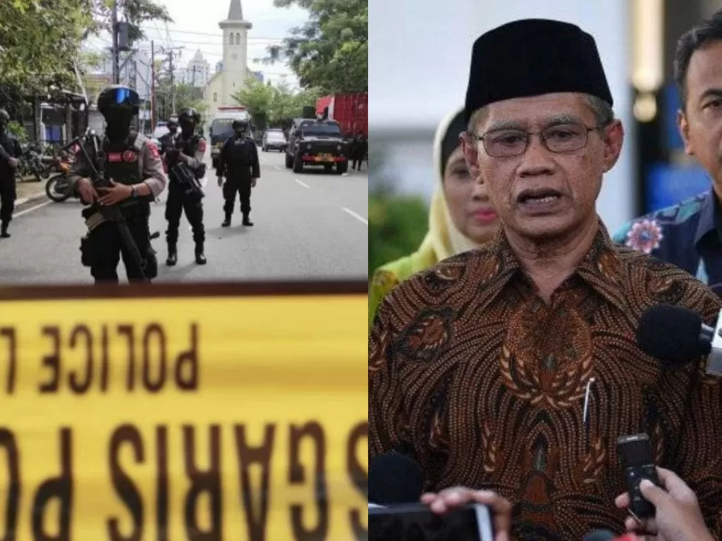 Kolase foto pengamanan di sekitar lokasi bom dan Ketua PP Muhammadiyah Haedar Nashir (Antaranews)