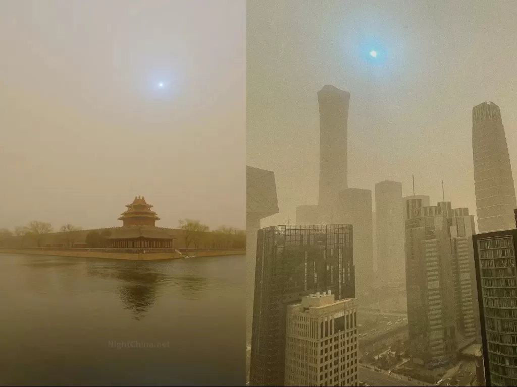 Penampakan langit kuning dan matahari biru di Beijing, Tiongkok. (Twitter/@ZhouLeiArt).