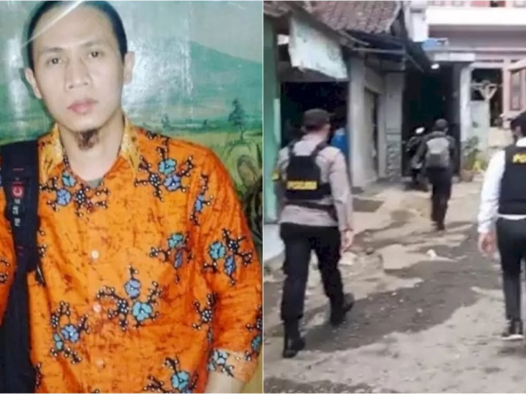 Sosok pria yang diduga pelaku bom bunuh diri di Gereja Katedral Makassar. (Twitter) / Densus 88 saat lakukan penggeledahan. (ANTARA/Aditya Rohman)