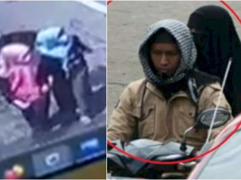 Dua wanita menyeberang jalan di depan Gereja Katedral Makassar sesaat sebelum ledakan; dan pasutri pelaku bom bunuh diri (Ist)