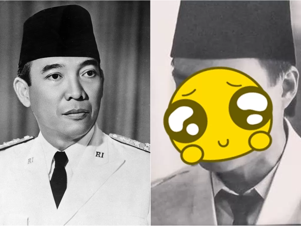 Kiri: Presiden Soekarno. (Wikipedia) / Kanan: Baim Wong memerankan tokoh Presiden Soekarno. (Instagram/@baimwong)