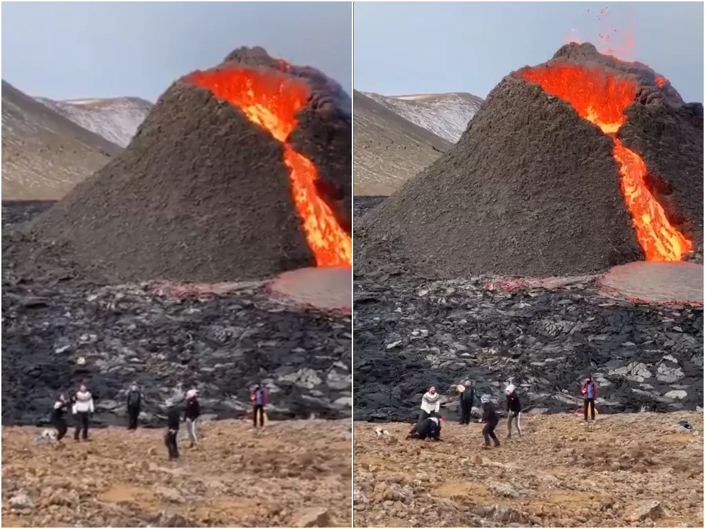 Momen warga Islandia yang asyik main voli didekat gunung berapi. (photo/Twitter/@ruteinars)