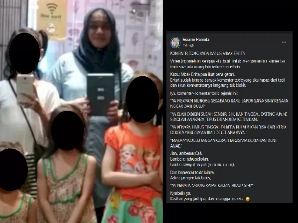 Erlita Dewi bersama anak-anaknya. (Facebook/Erlita Dewi), Screenshoot akun Facebook yang komentar tentang netizen nyinyir. (Facebook/Fissilmi Hamida).