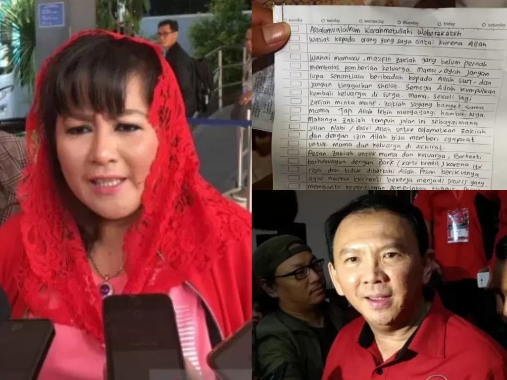 Kolase foto Dewi Tanjung, surat wasiat terduga teroris dan Ahok (Antaranews/Istimewa)