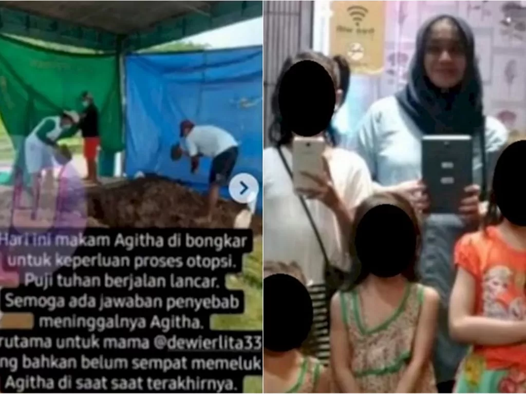 Kiri: Makam Agitha dibongkar untuk keperluan otopsi (Ist) / Kanan: Erlita Dewi bersama anak-anaknya. (Facebook/Erlita Dewi)
