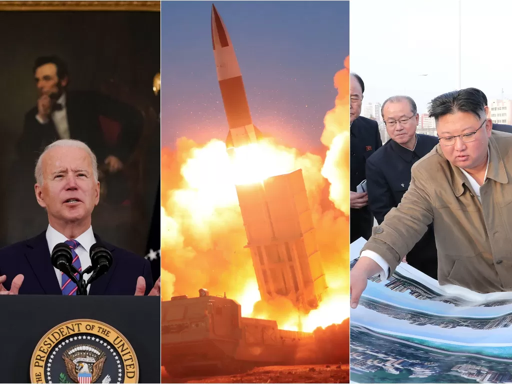 Kiri: Presiden AS Joe Biden (REUTERS/Erin Scott) / Tengah dan Kanan: Kim Jong Un menyaksikan uji coba rudal (KCNA via Reuters)
