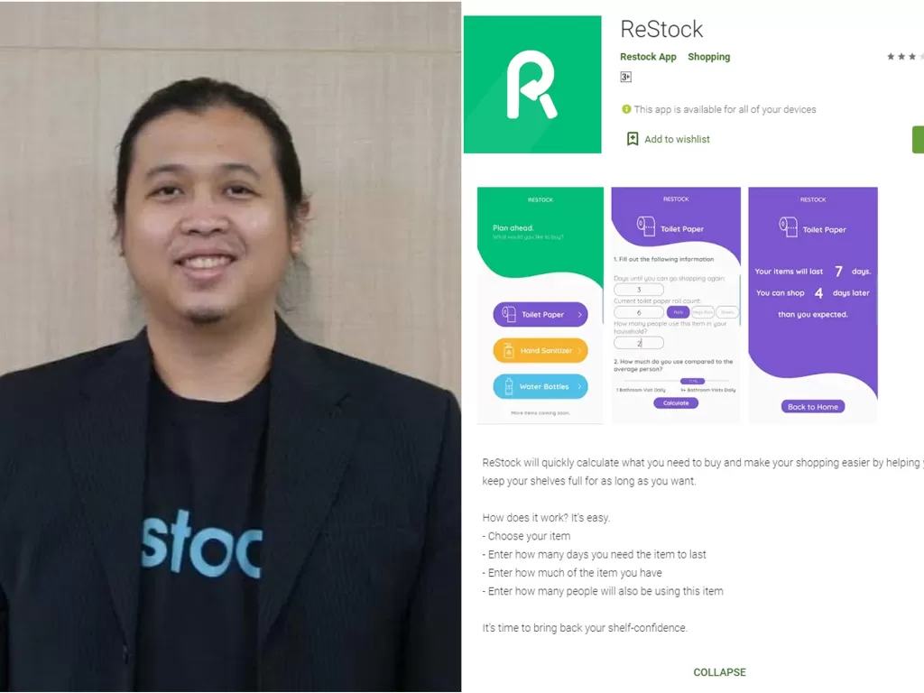 Kiri: Farid Andika CEO Restock.id (Istimewa) / Kanan: Aplikasi ReStock yang salah diserang netizen (Dok. ReStock)