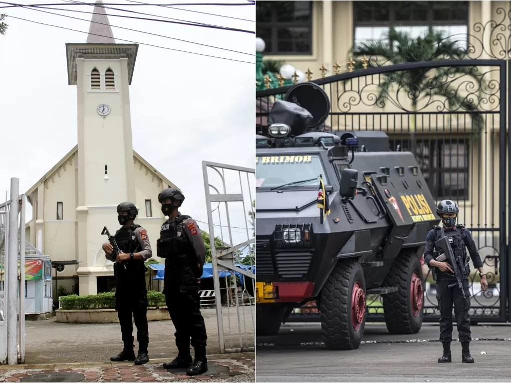 Pengamanan di Gereja Katedral Makassar dan Mabes Polri usai aksi teror (photo/ANTARA FOTO/Arnas Padda/Aprillio Akbar)