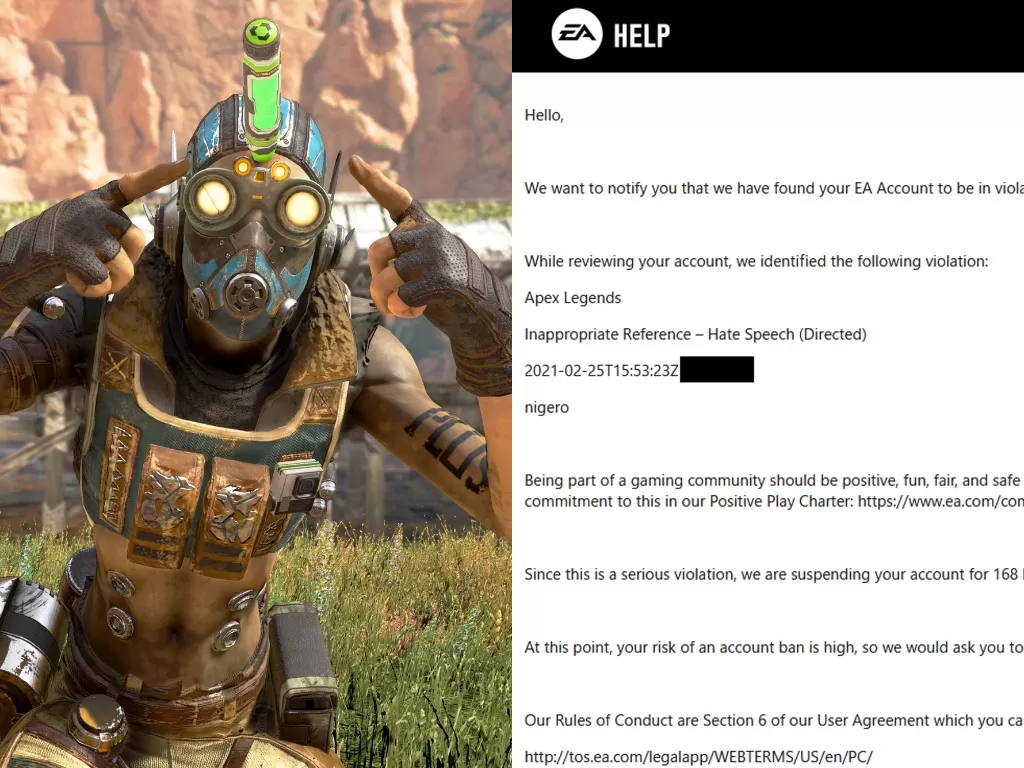 Email dari Electronic Arts terkait penggunaan kata 'Nigero' di Apex Legends (photo/Reddit/u/1zana)