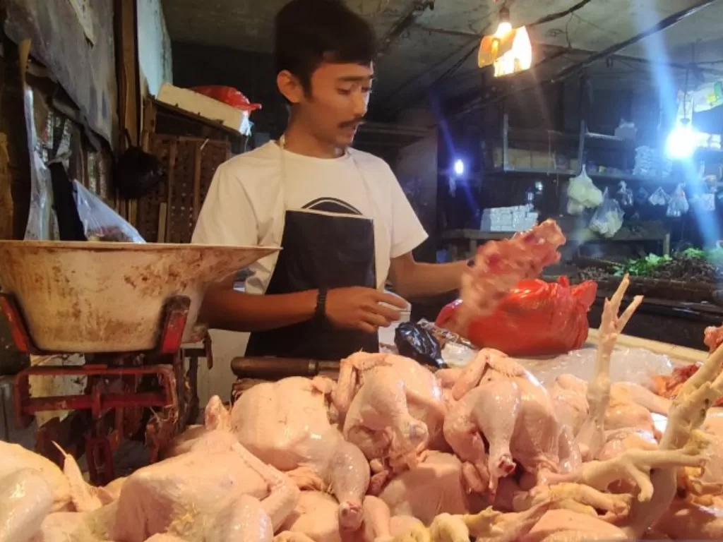 Harga daging ayam di pasar tradisional di Cianjur, Jawa Barat, merangkak naik menjelang masuknya bulan puasa, daging ayam di jual Rp38.000 per kilogram, Selasa (6/4/2021). (Antara/Ahmad Fikri)