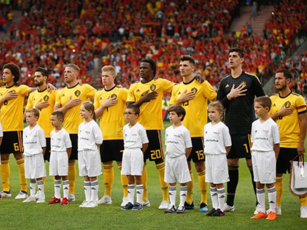 Momen timnas Belgia menyanyikan lagu kebangsaannya. (foottheball.com)