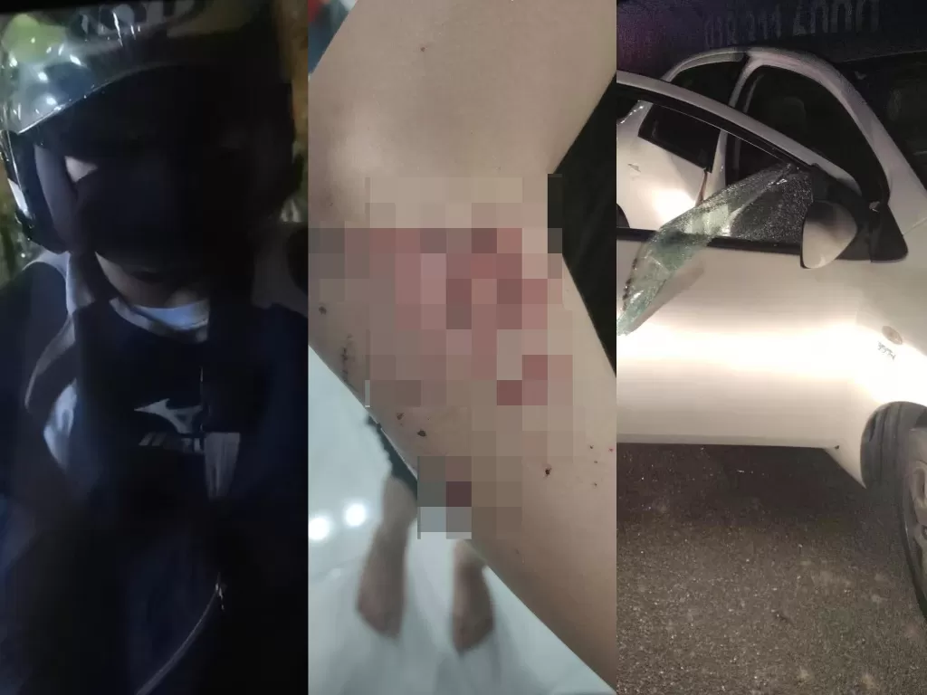 Seorang pria memecahkan jendela mobil dan melakukan tindakan penganiayaan. (Photo/Facebook/Otak Jun)
