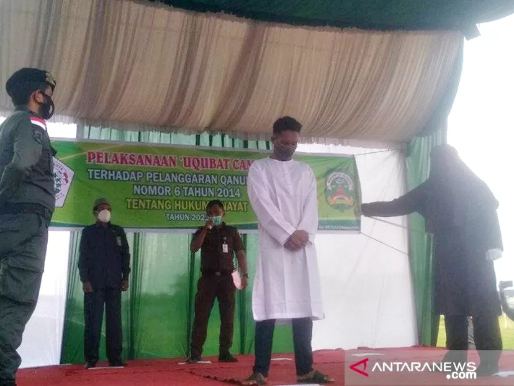 Algojo mengeksekusi cambuk seorang terpidana pelanggaran syariat Islam (Antara Aceh/Dedy Syahputra)