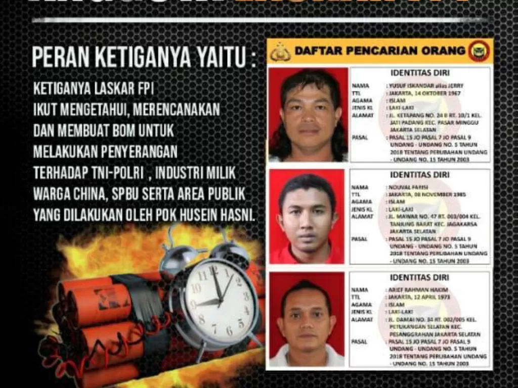 Selebaran DPO Terduga Teroris Jakarta Sekaligus Anggota FPI. (Dok Istimewa).