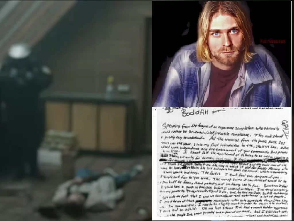 Ilustrasi TKP Kematian Kurt Cobain. (Youtube/Yahoo Entertainment), Kurt Cobain dan Surat Kematiannya. (Istimewa).