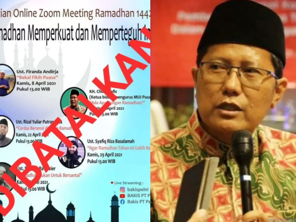 Kolase foto flyer kajian online Ramadan PT Pelni yang dibatalkan dan Ketua MUI Cholil Nafis (Twitter/Antaranews)