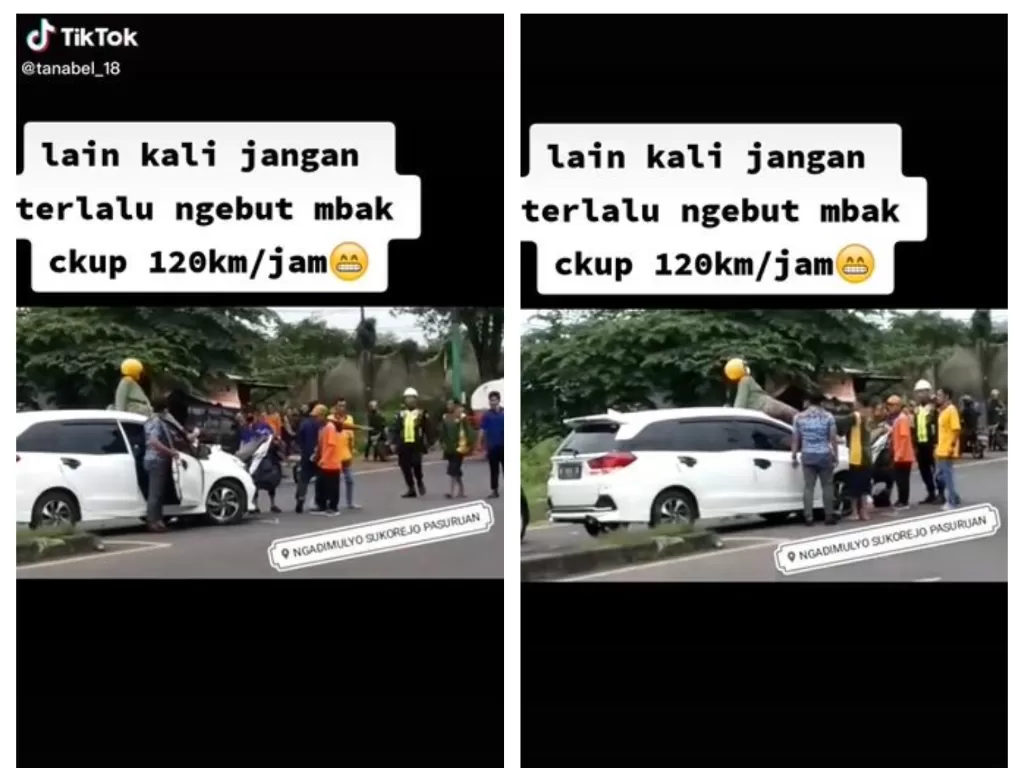 Viral kecelakaan mobil vs motor, pemotor nyangsang ke atap mobil. (TikTok/@tanabel_18)