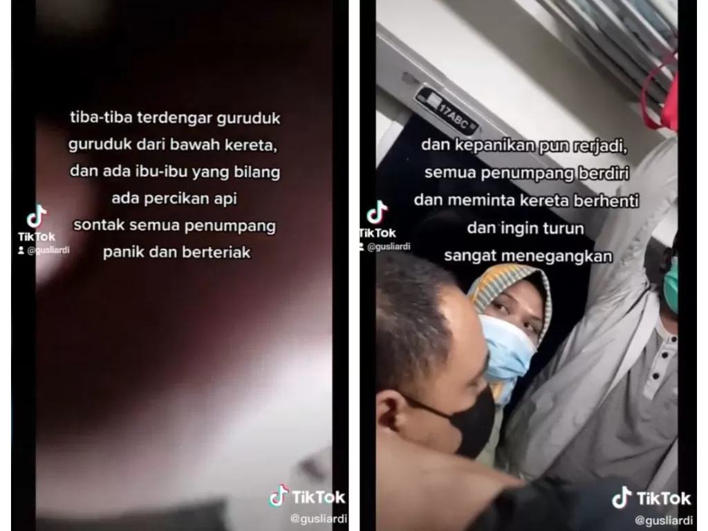 Viral penumpang kereta lokal Cicalengka panik saat ada suara gemuruh dari kolong kereta. (TikTok/@gusliardi)