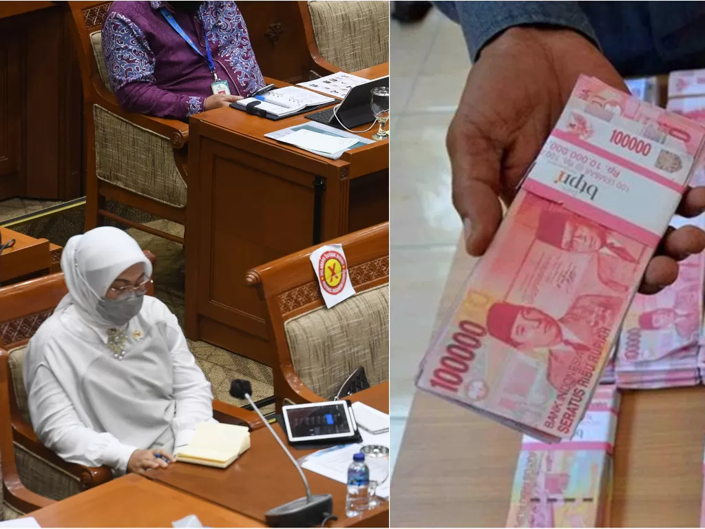 Kiri: Menaker Ida Fauziyah (ANTARA FOTO/Hafidz Mubarak A) / Kanan: Ilustrasi uang THR (Antara/Syaiful Arif)