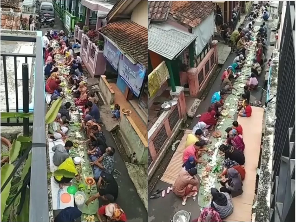 Warga kampung makan bersama di tengah jalanan sambut bulan Ramadan (Instagram/medsoskediri)