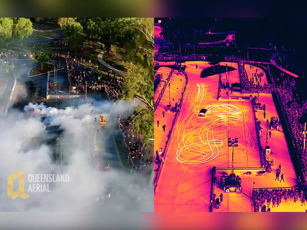 Kompetisi burnout yang diambil memakai kamera thermal (photo/YouTube/Queensland Aerial)