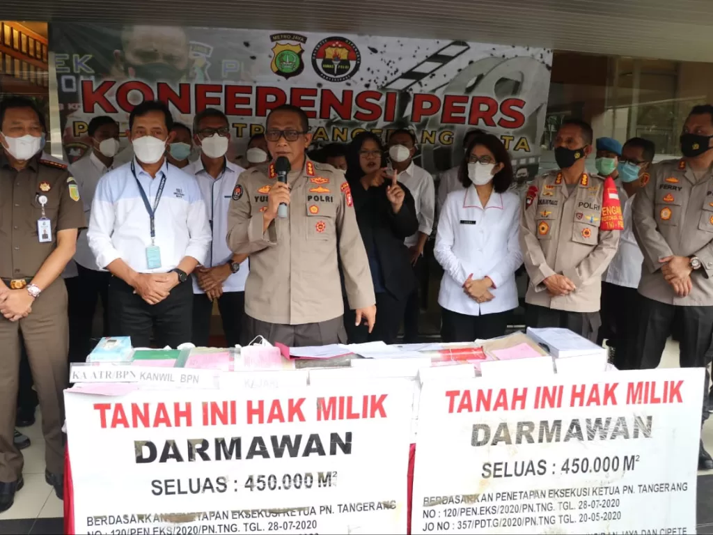  Konferensi pers kasus mafia tanah di Tangerang. (Foto: Dok Humas Polda Metro Jaya)