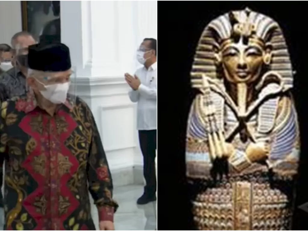 Kiri: Amien Rais melangkah di hadapan Jokowi (YouTube Sekretariat Presiden); kanan: patung Firaun. (ist)
