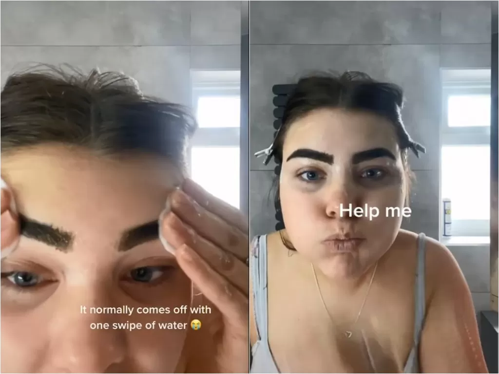 Wanita kesusahan bersihkan eyebrow tint (TikTok/ciarabowen_)