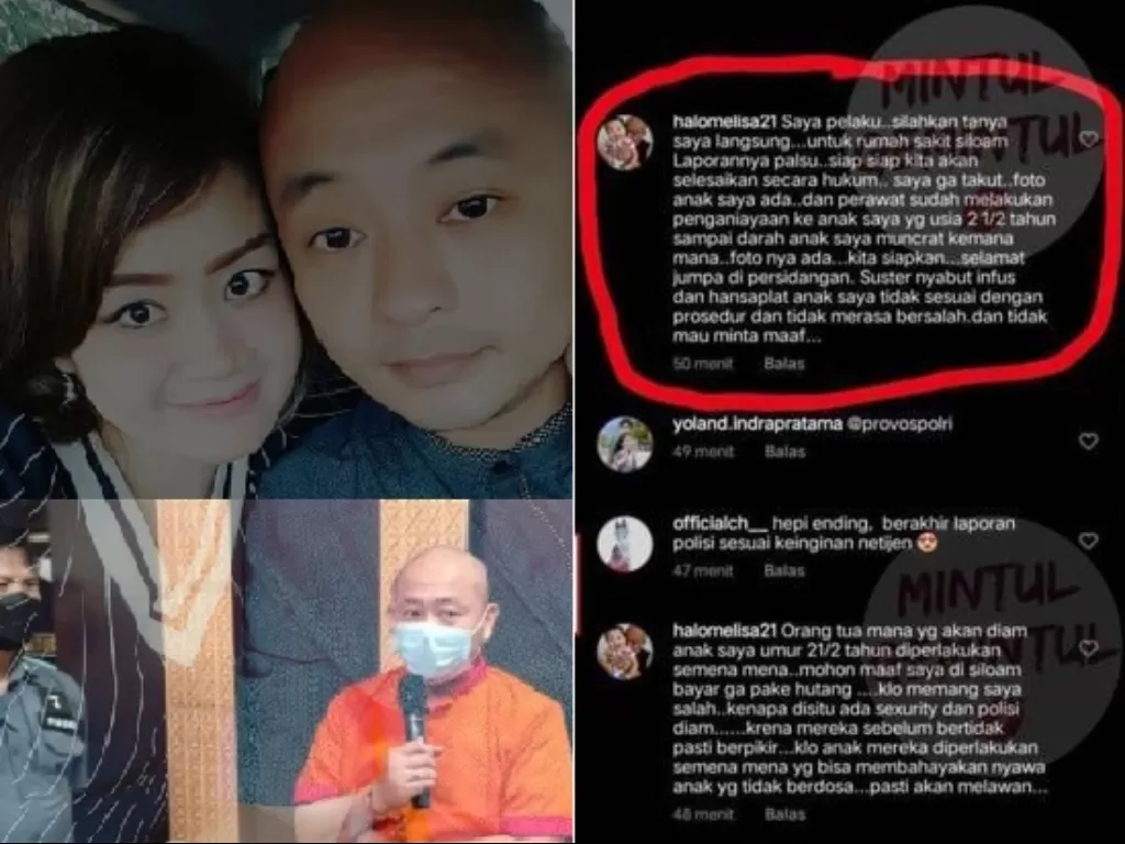 Istri dan pelaku penganiayaan perawat RS Siloam. (Instagram/@pusatakaberita), komentar istri pelaku. (Instagram/@tante_rempong_official).