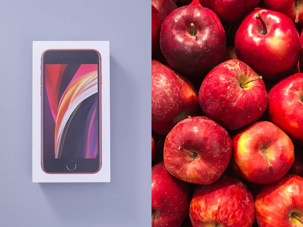 Ilustrasi smartphone iPhone SE dan buah apel (photo/Ilustrasi/Unsplash)