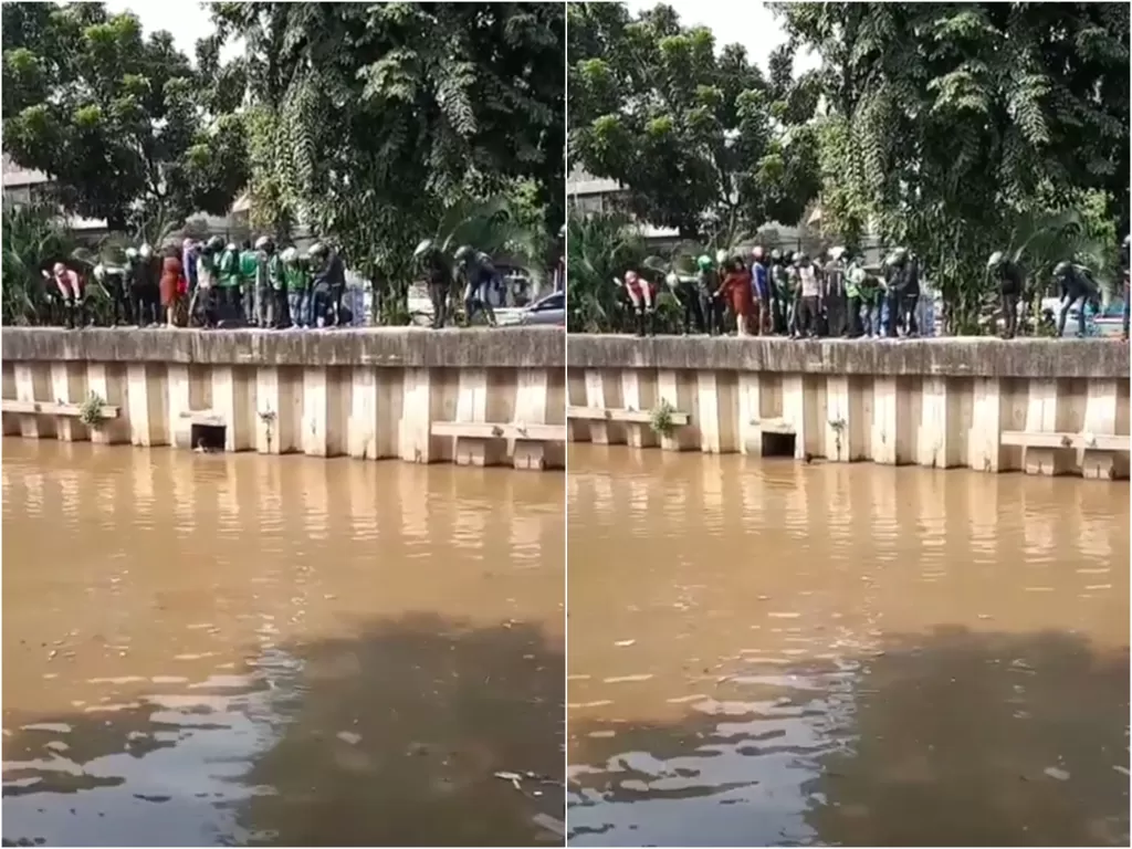 Cuplikan video debt Collector lompat ke sungai takut diamuk massa. (photo/Instagram/@jakarta.terkini)