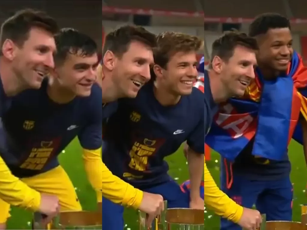 Pemain Barcelona abadikan momen bersama Messi. (Photo/Twitter/@brfootball)