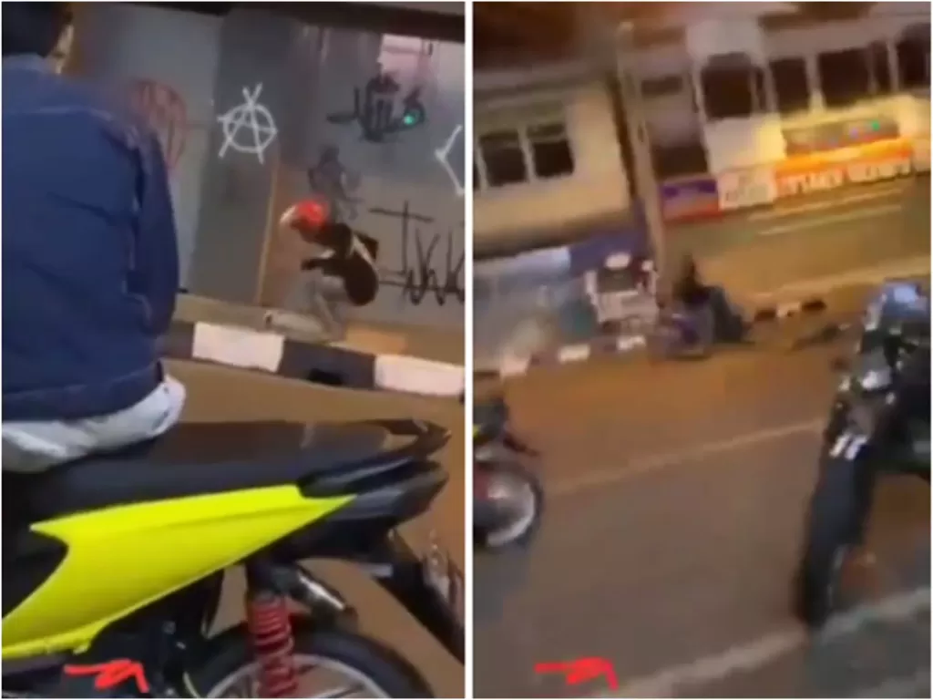  Cuplikan video pemuda yang bakar petasan hingga tertabrak motor. (photo/Instagram)