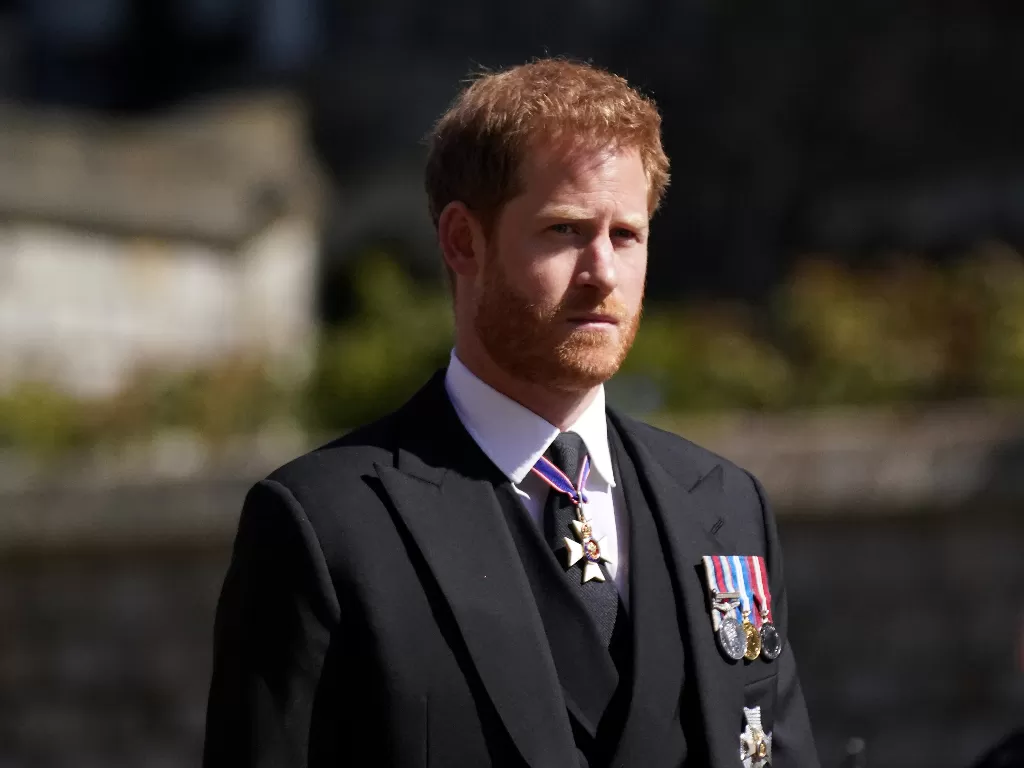 Pangeran Harry di pemakaman Pangeran Philip (Victoria Jones/Pool via REUTERS).