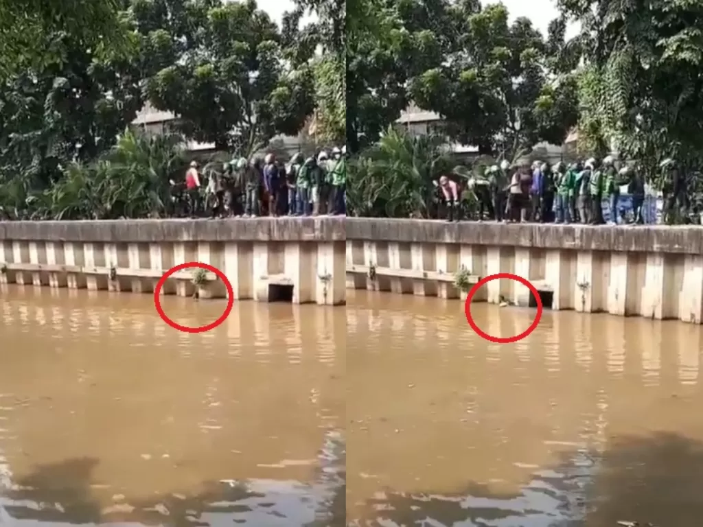 Pria diduga debt collector menceburkan diri ke Sungai Ciliwung. (Instagram/jakarta.terkini)