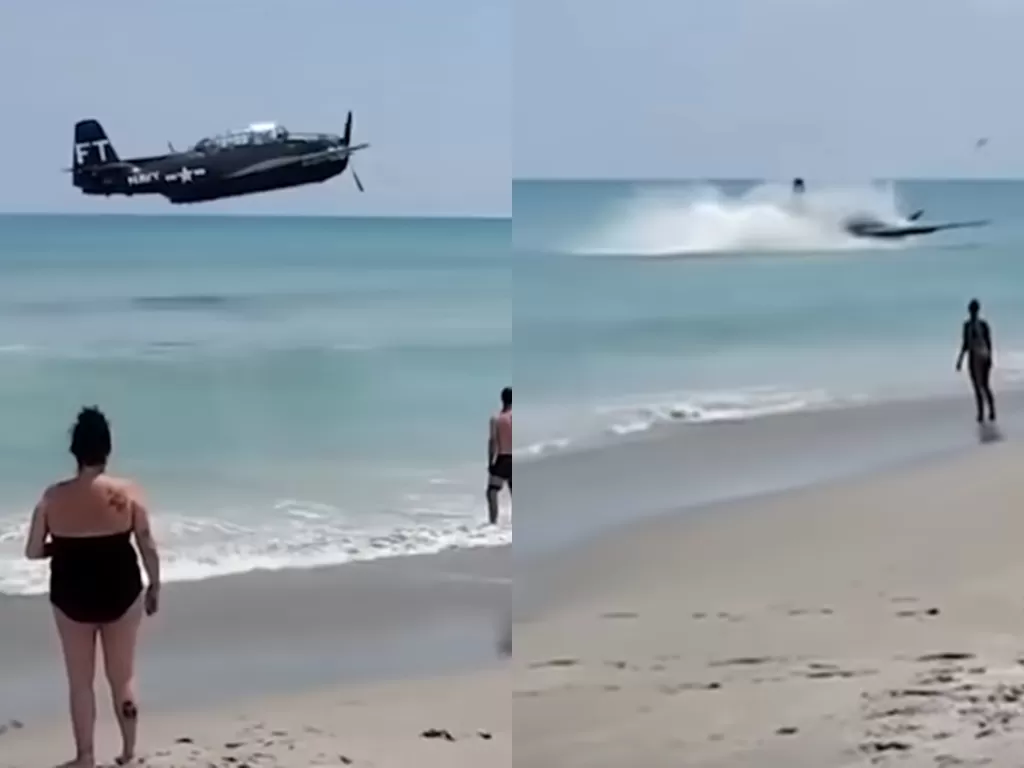 Pesawat Perang Dunia II jatuh di pantai. (Photo/YouTube/The Sun)