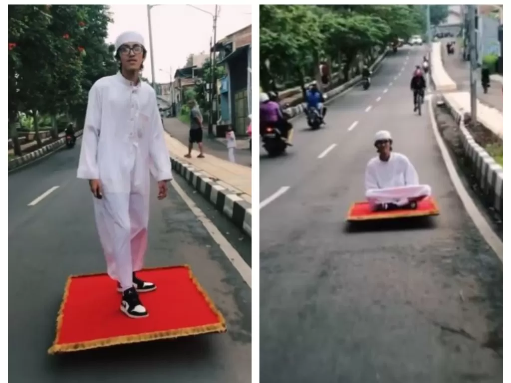 Viral pria bak Aladin gunakan Karpet Terbang meluncur di Jalanan. (Instagram/@fadlimaulanaibr)