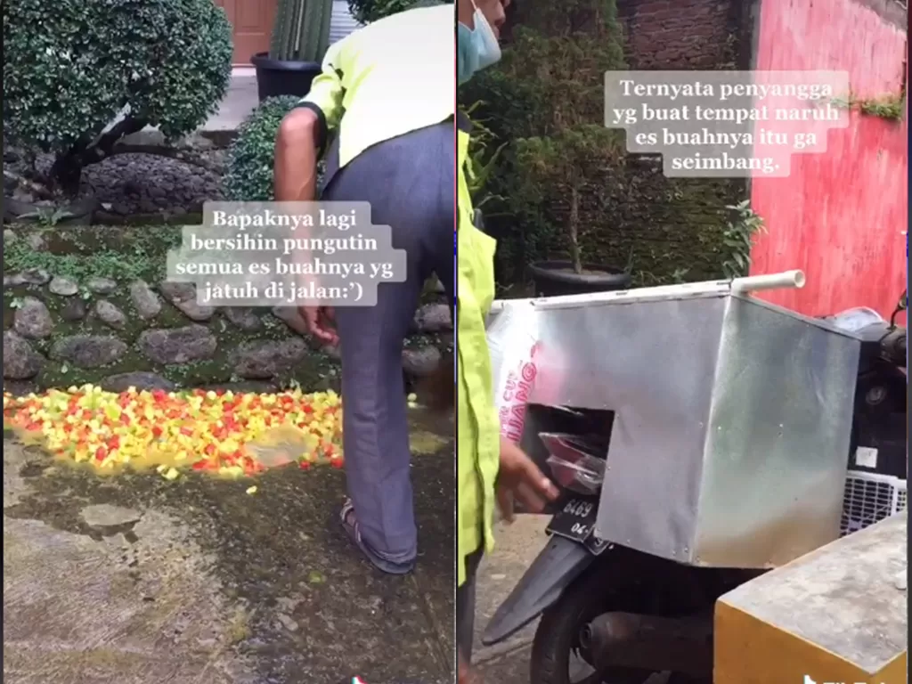 Cuplikan video dagangan bapak penjual es buah jatuh di jalan. (photo/TikTok)