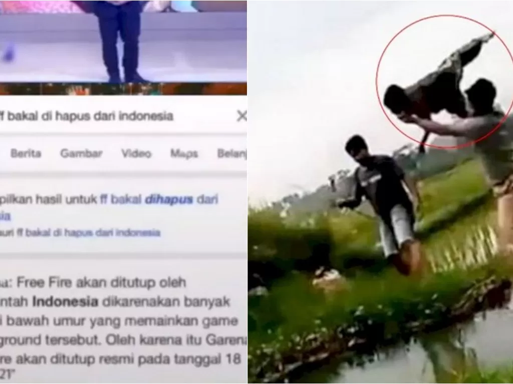Kiri: Cuplikan video postingan sebut FF di tutup pemerintah. (photo/Instagram/@minang.kocak) / Kanan: Bocah dilempar ke kubangan air. (Istimewa)